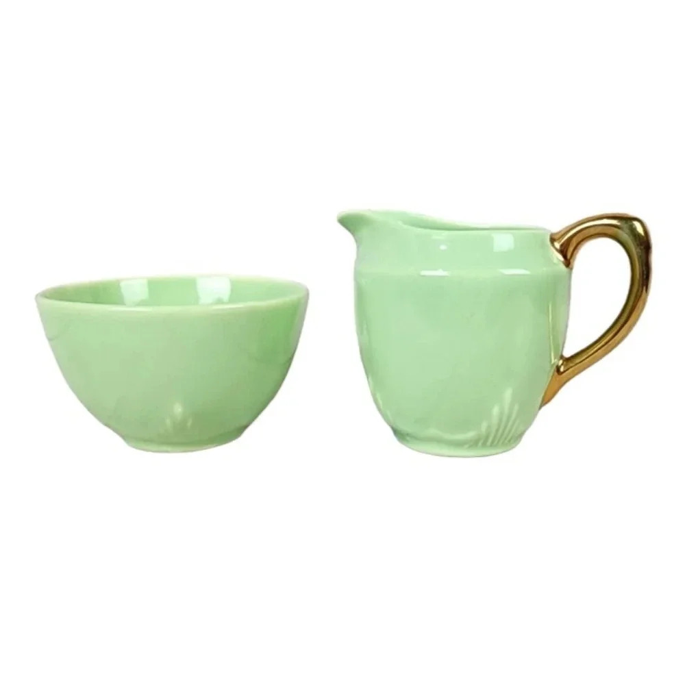 Vintage 1940s Biltons Open Sugar and Creamer Set England Pistachio Green Gold
